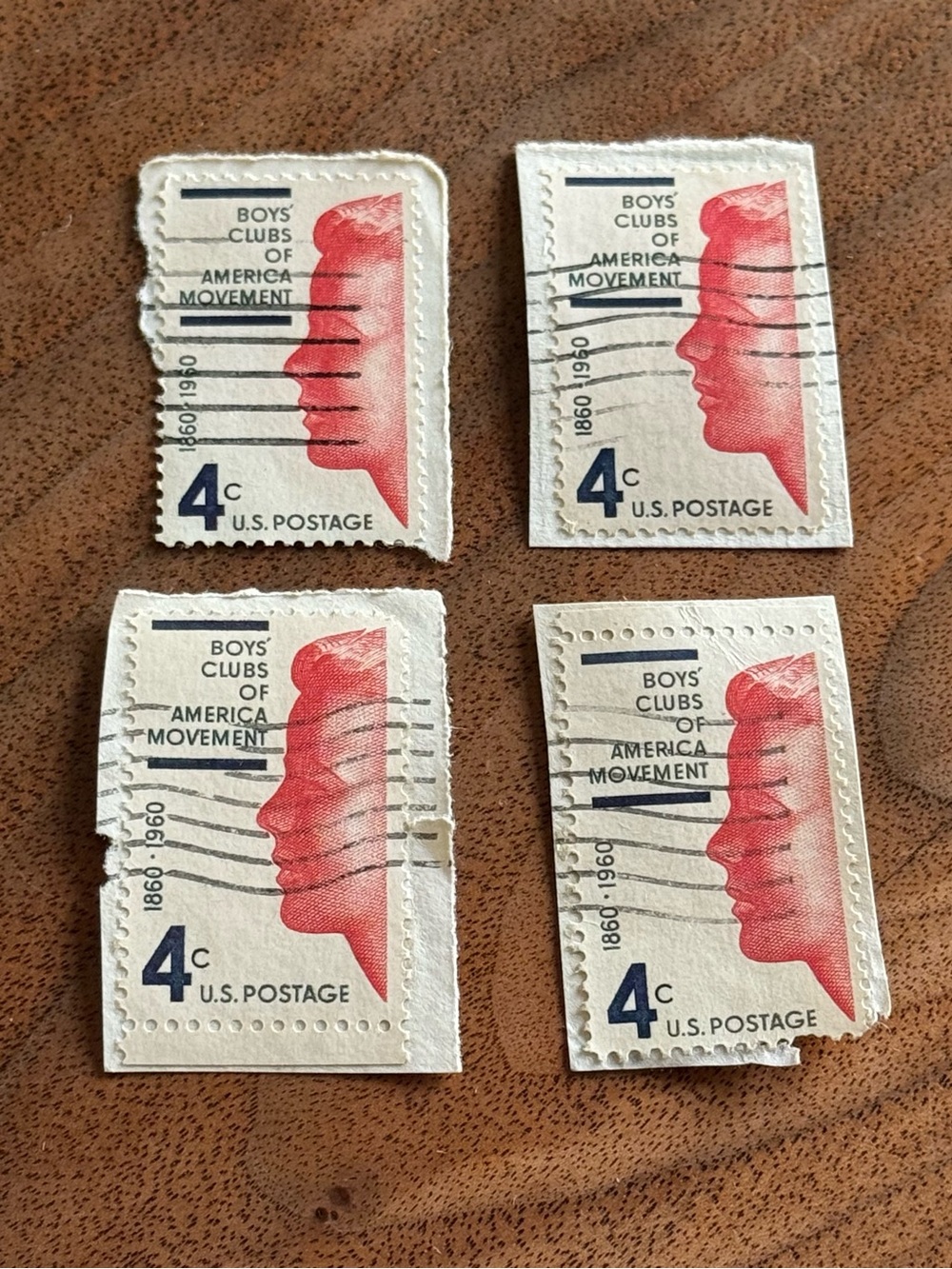 Set of 4 Boys' Clubs of America Movement Vintage Stamps, 1960 Art